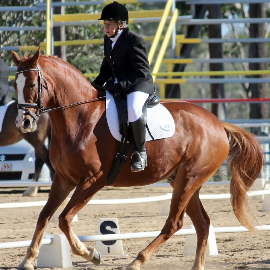 Esther Brooks in her equestrian uniform riding on her chestnut-coloured horse