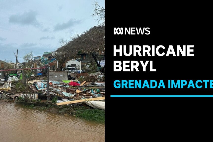 Hurricane Beryl, Grenada Impacted: Rubble pushed up against wire fence near water bank.
