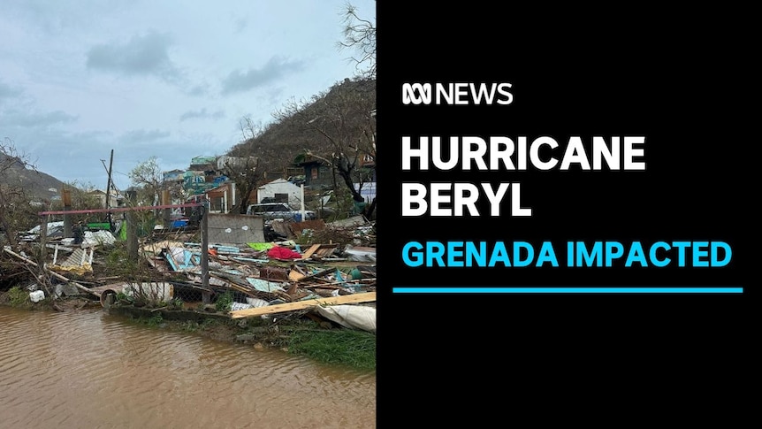 Hurricane Beryl, Grenada Impacted: Rubble pushed up against wire fence near water bank.