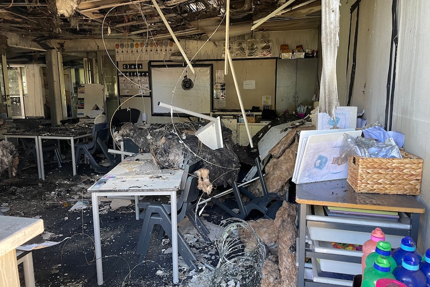 A classroom building gutted by fire