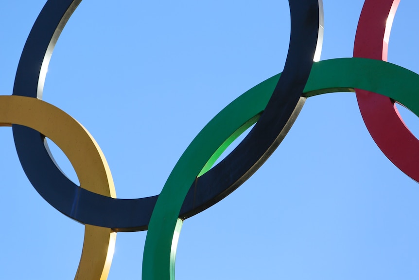 Close up of part of the Olympic rings.