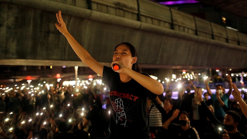 A woman holds her hand up in the air while speaking into a microphone in front of a crowd of protesters.