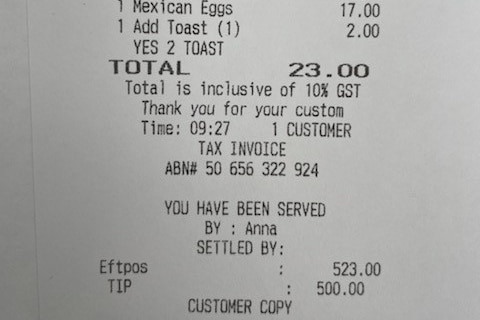 Paper receipt from a cafe.
