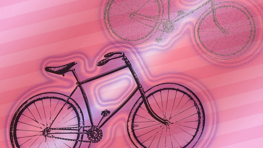 illustration of two bicycles on a pink and white striped background