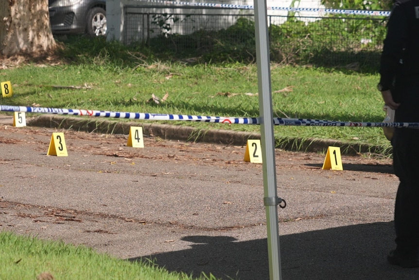 Numbered police markers at a crime scene in Townsville 