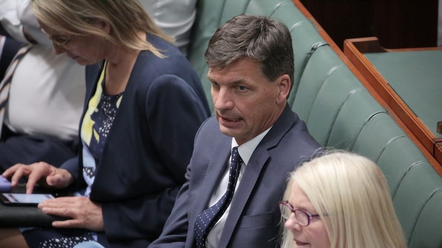 Angus Taylor sits on the frontbench looking towards the Opposition