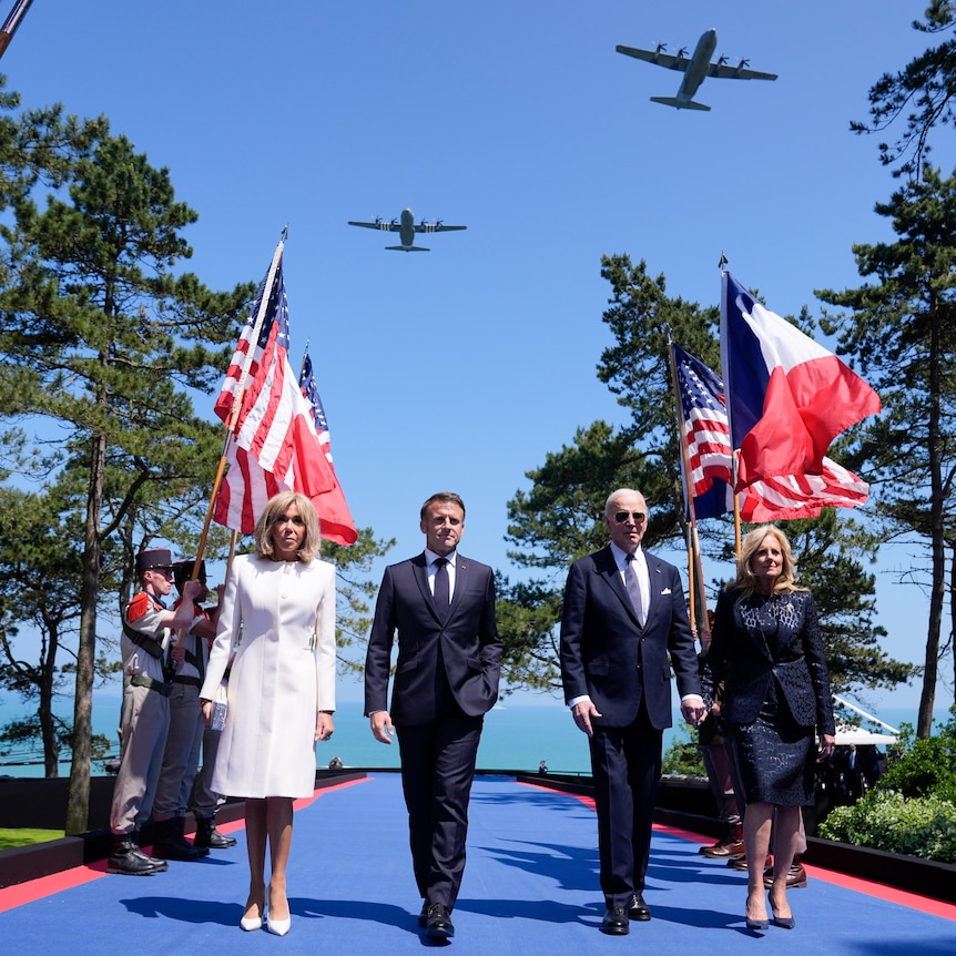Joe Biden and Emmanuel Macron on D-Day in Normandy. 
