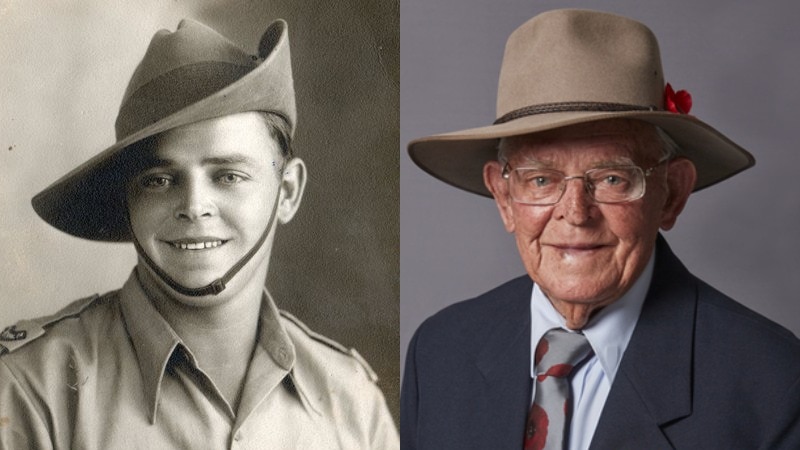 A composite image showing a young man in military uniform and an elderly man in a suit decorated with war medals, side by side.