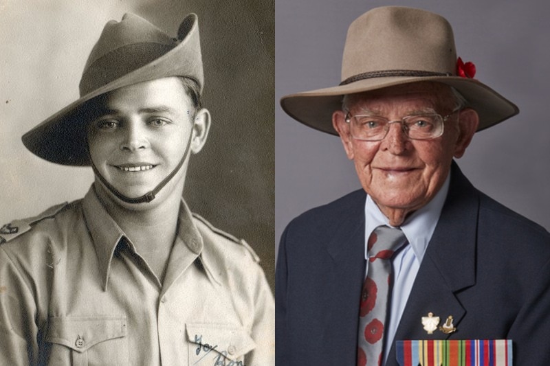 A composite image showing a young man in military uniform and an elderly man in a suit decorated with war medals, side by side.