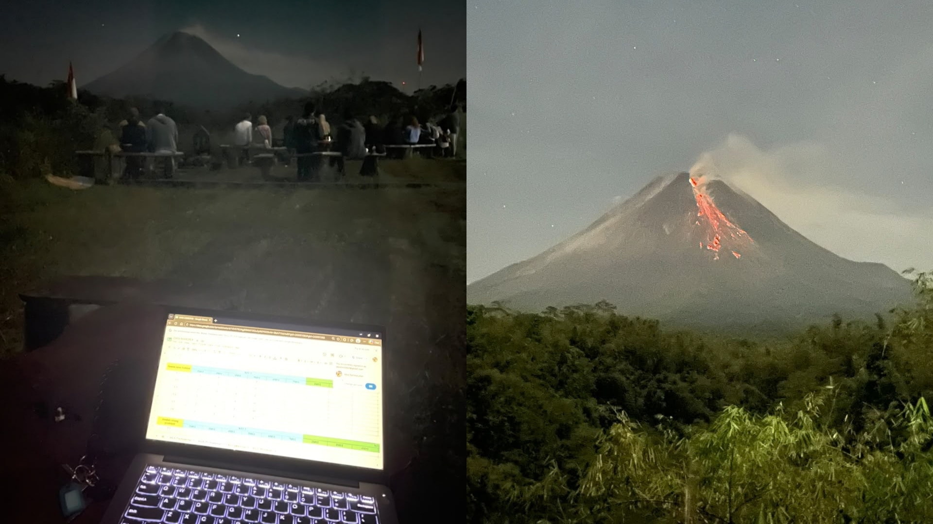 An open laptop with Mount Merapi in the background.