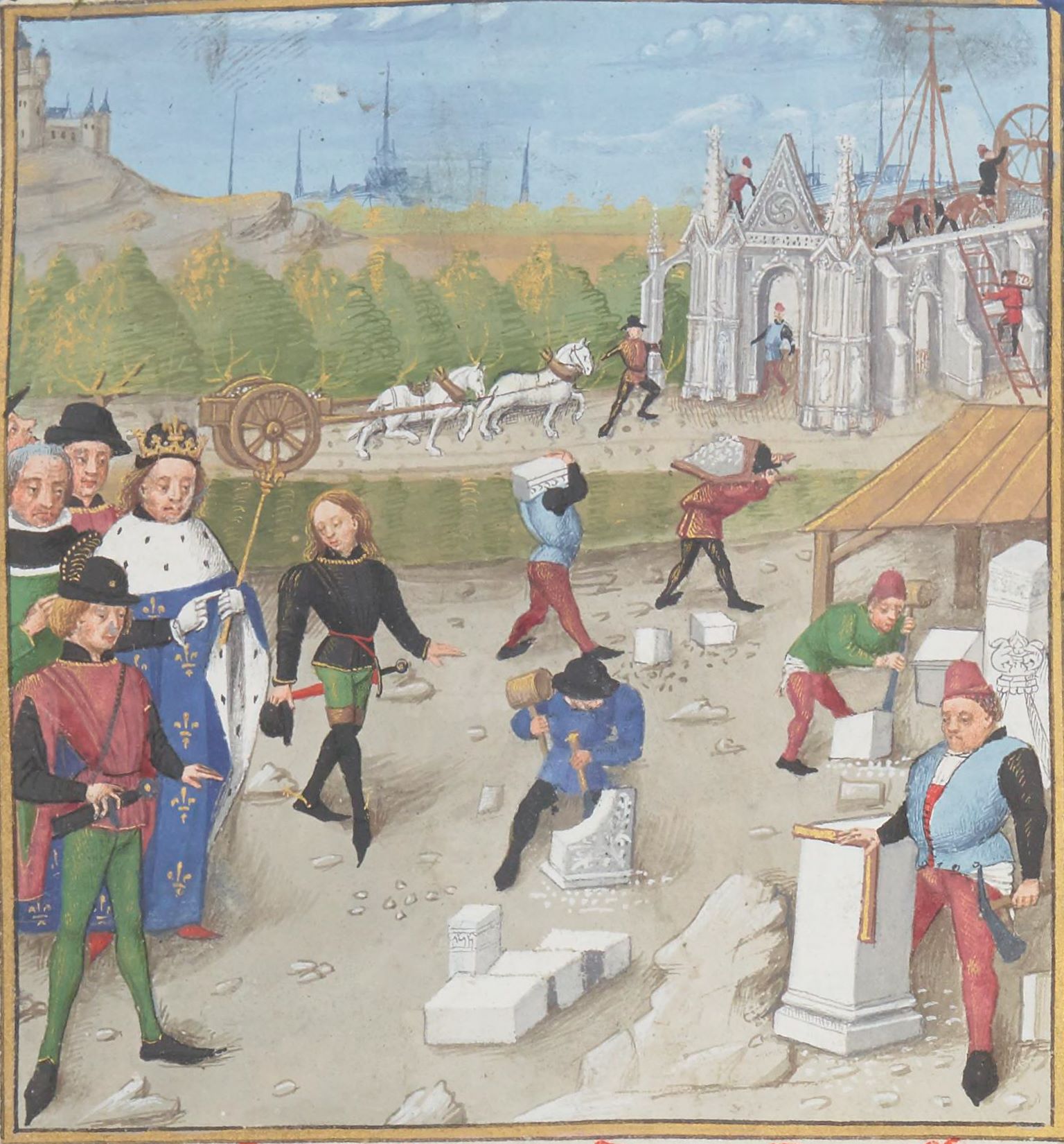 A 15th century painting showing a king in regal dress visiting the construction site of a church