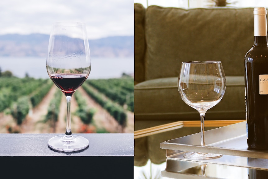 Composite of wine glass looking over vineyard and wine bottle and glass in front of couch