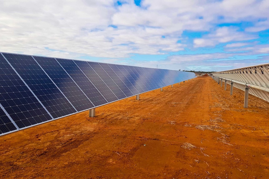 A line of solar panels contrasted with red dirt