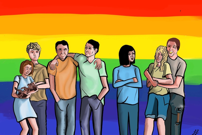 Two children, a gay couple, a single mother, and a heterosexual couple stand against a rainbow backdrop.