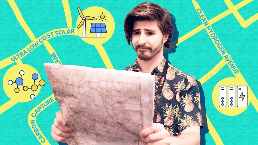 Joe looks at a map in dismay, illustrated streets in the background with illustration of various energy solutions.