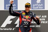 Leaping for joy ... Sebastian Vettel was back on top in Bahrain