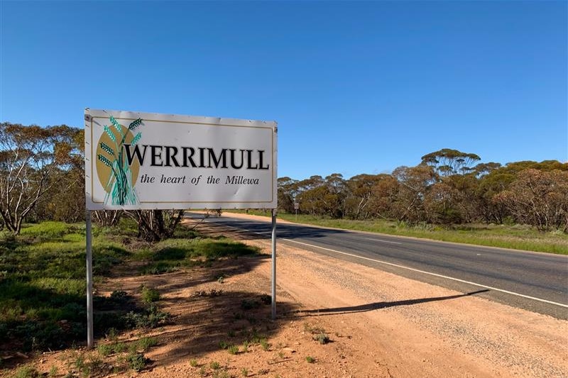 "Werrimull" sign next to a road, reading "the heart of the Millewa"