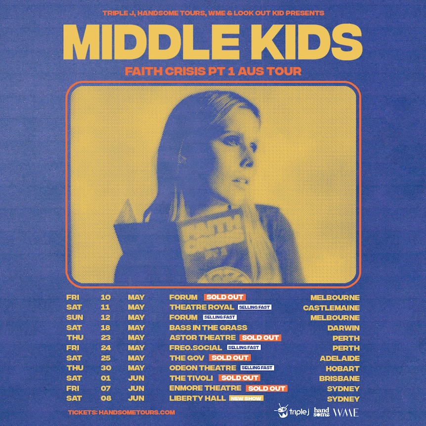 Purple and yellow contrasting poster for Middle Kids' tour with yellow and red text