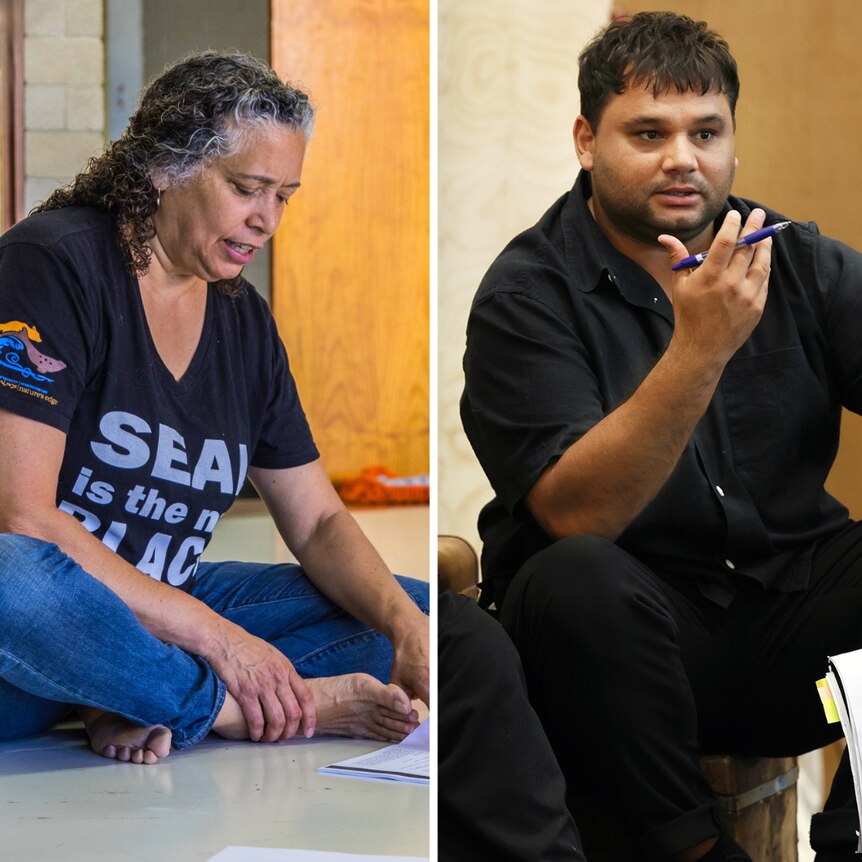 A composite image of, left to right, Wesley Enoch (outdoors), Rachael Maza and Ian Michael (in rehearsal rooms).
