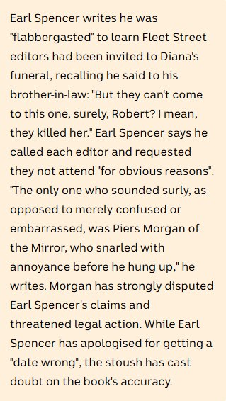 Earl Spencer disinvited editors to Diana's funeral, but says Piers Morgan "snarled with annoyance" which Morgan disputes.