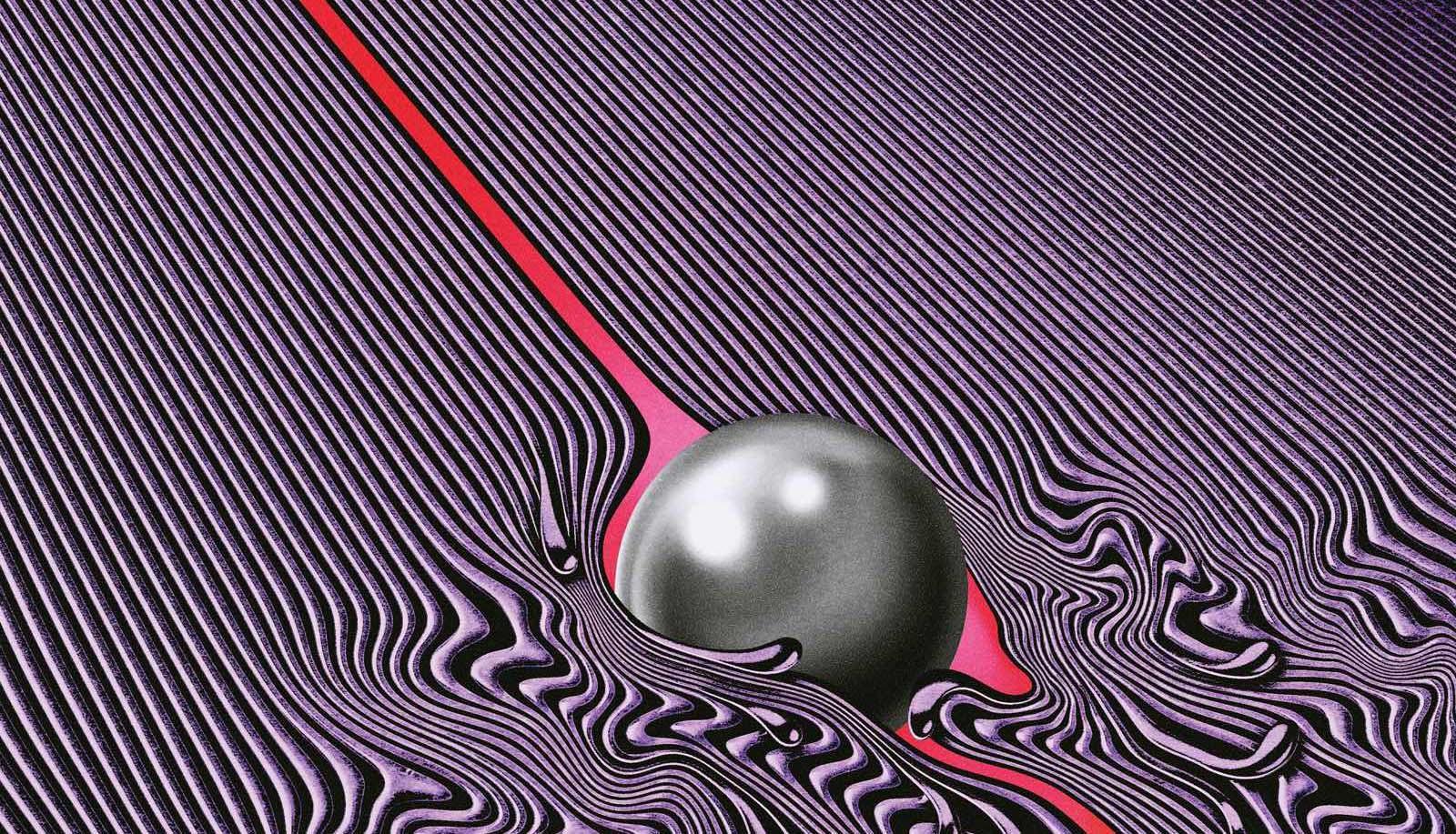 A psychedellic illustration of a silver ball being pulled through bright pink and purple stripes