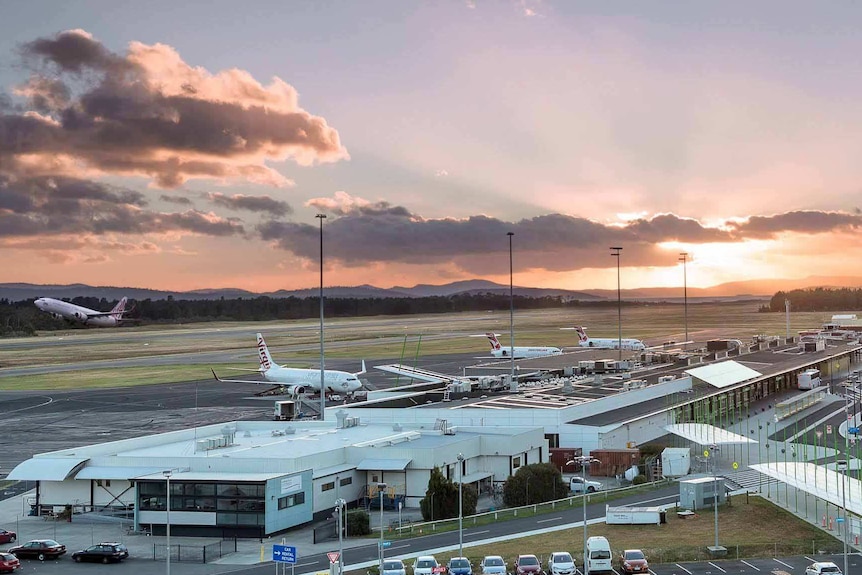 A plane takes off from Hobart Airport