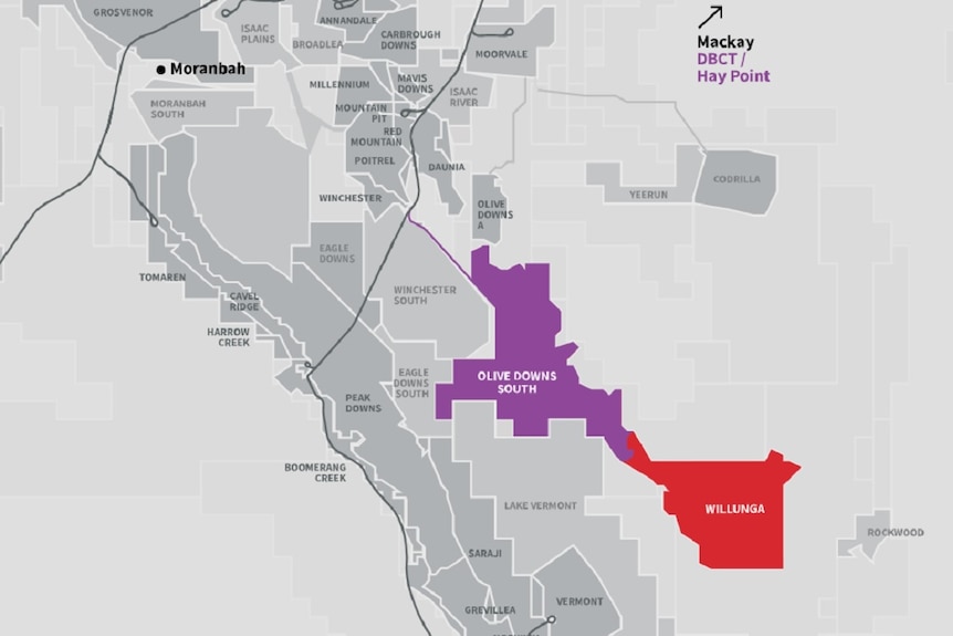 A map of coal mine sites in central Queensland