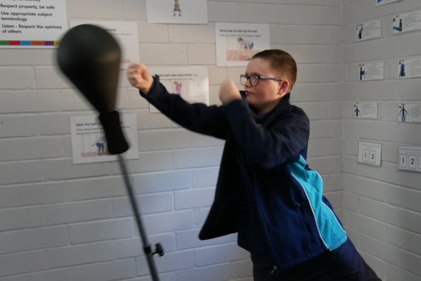 A boy with glasses wearing a blue school jacket and shorts punches a black punchbag in a white brick room.