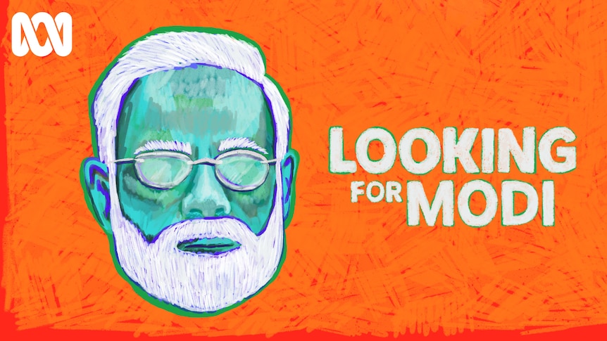 An illustration depicting Narendra Modi's face in teal, with white hair and beard, on orange background