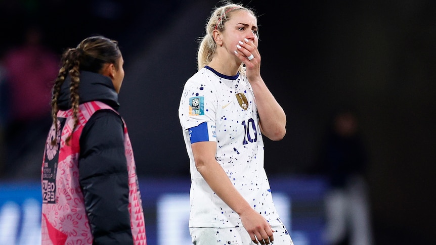 USA captain Lindsey Horan puts her hand over her mouth after losing to Sweden at the FIFA Women's World Cup.