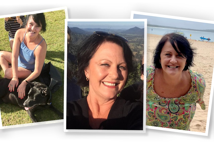Three photos of a woman in her 50s smiling at the camera.