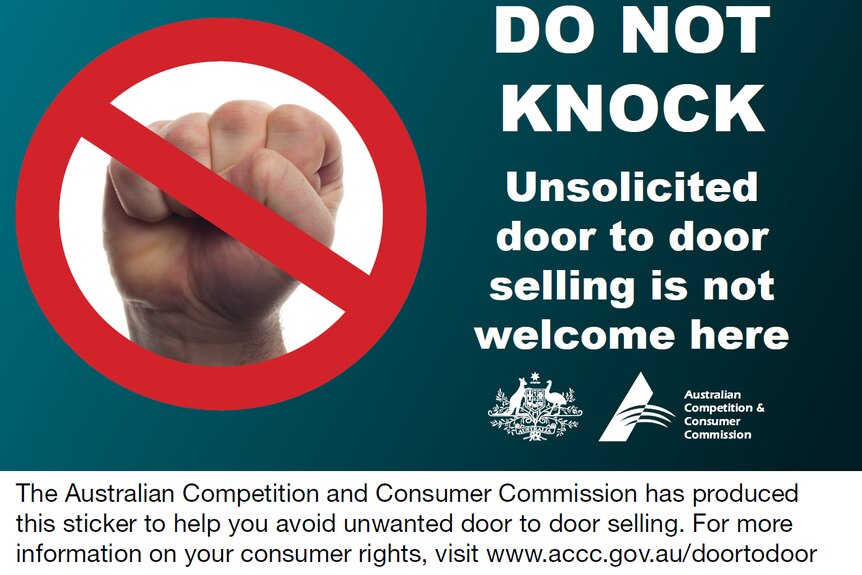 A sticker provided by the ACCC for homeowners to use to avoid being approached by door-to-door salespeople.