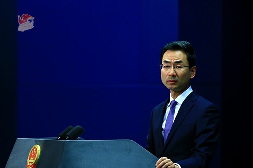 Chinese Foreign Ministry spokesman Geng Shuang speaking in a press conference.