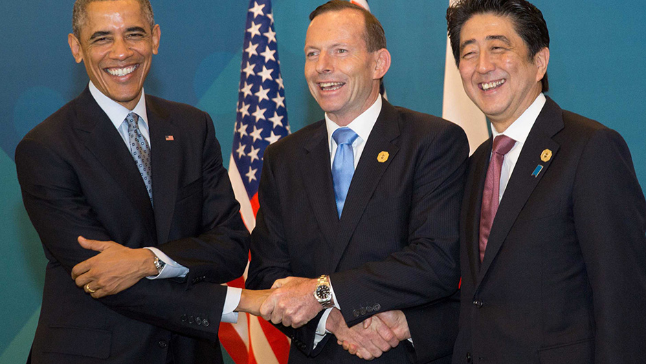 Barack Obama, Tony Abbott and Shinzo Abe conduct trilateral talks on the sidelines of the G20 Leaders' Summit.