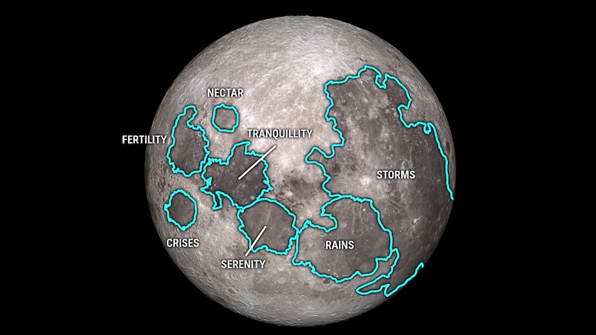 Illustration of the seas and the ocean on the moon.