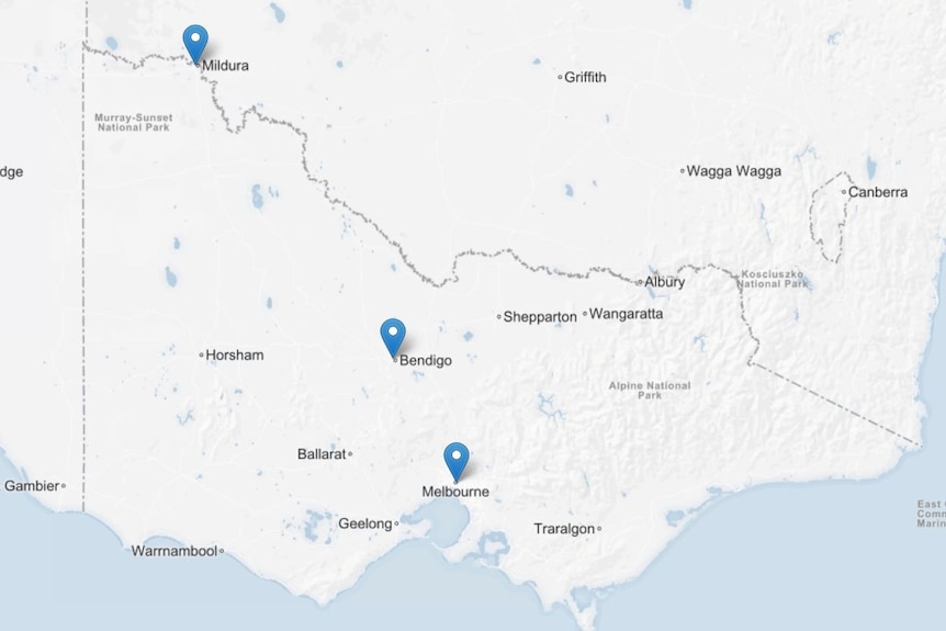 A map that shows where Mildura is in relation to Bendigo and Melbourne.