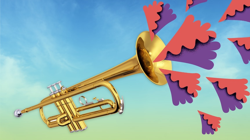 A trumpet sits over a blue to green gradient background with stylised pink and purple fan motifs.