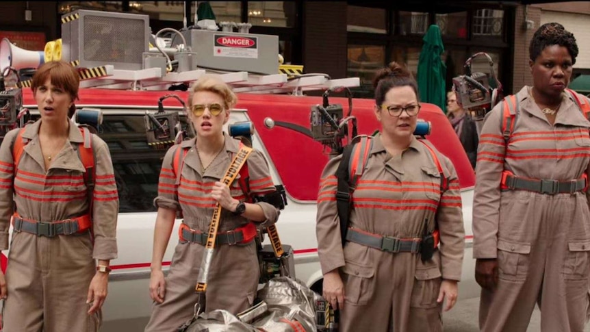 A still from the 2016 version of Ghostbusters, featuring a female cast.