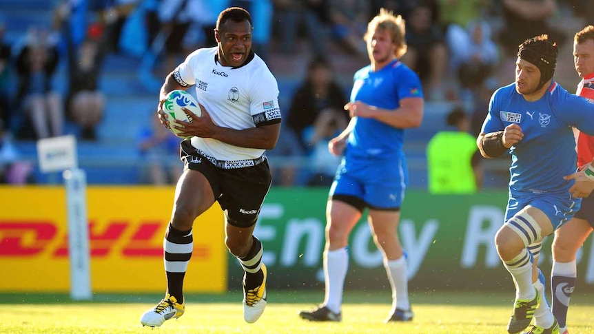 Vereniki Goneva helped himself to four tries to see Fiji past a courageous Namibia side.