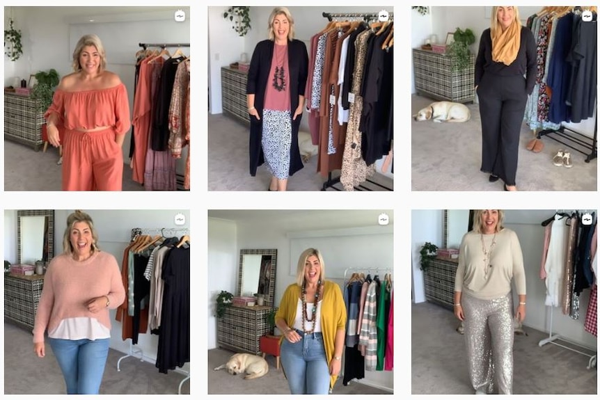 A collage of the same woman who is size 16 trying on different outfits.