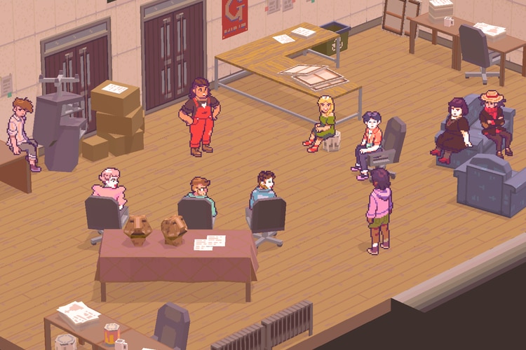 An 8-bit image of a group of people gathered around in a common room
