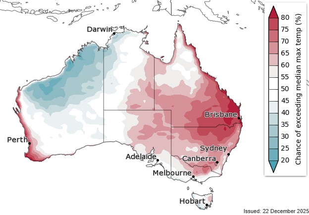 Un mapa de Australia que muestra un cambio superior al promedio en el clima cálido en la mayor parte de la costa este.
