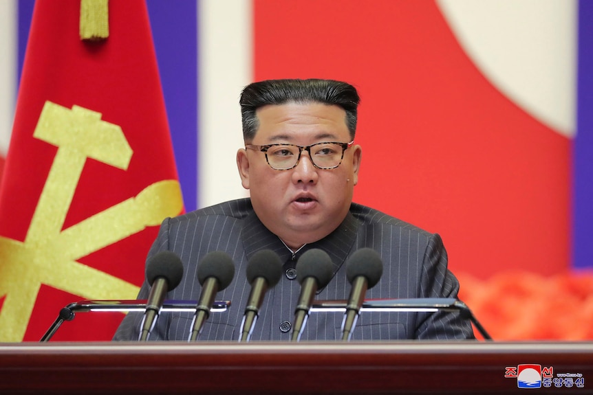 A heavy Korean man wearing a striped suit and horn-rimmed glasses speaks into microphones in front of the North Korean flag.
