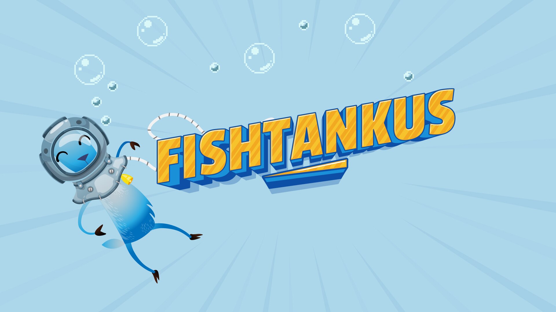 Graphic illustration of goat wearing a diving helmet, text on screen: Fishtankus
