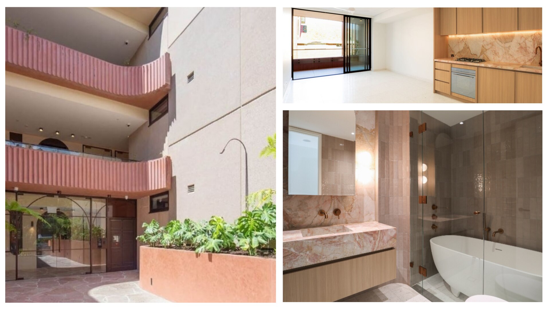 A composite of real estate listing photos of two modern luxury apartments.