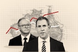 Collage of Jim Chalmers and Anthony Albanese in black and white, with map of Australia in background.