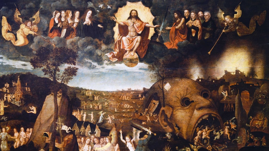 Oil painting The Last Judgment, 1506-1508, by Hieronymus Bosch, showing angelic and devilish landscapes.