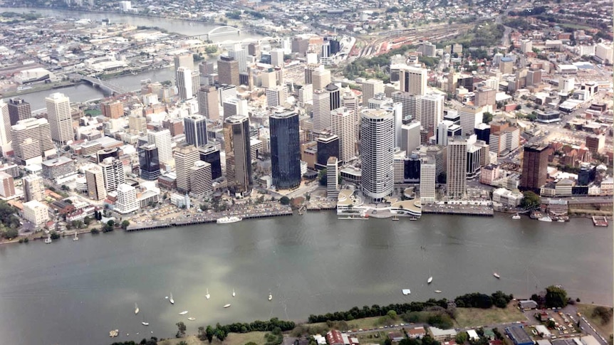 Aerial view of the Brisbane CBD in 1989