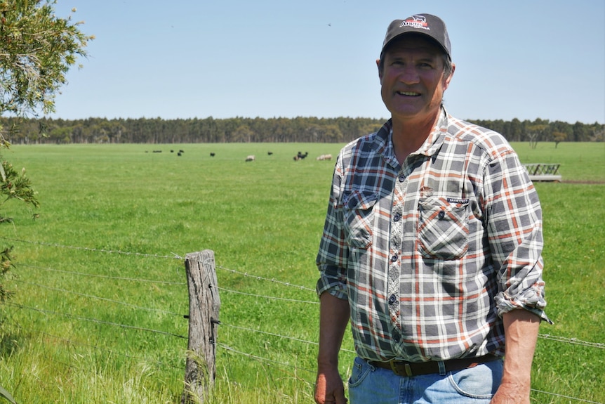 A man stands next to a paddock with cattle in the background.