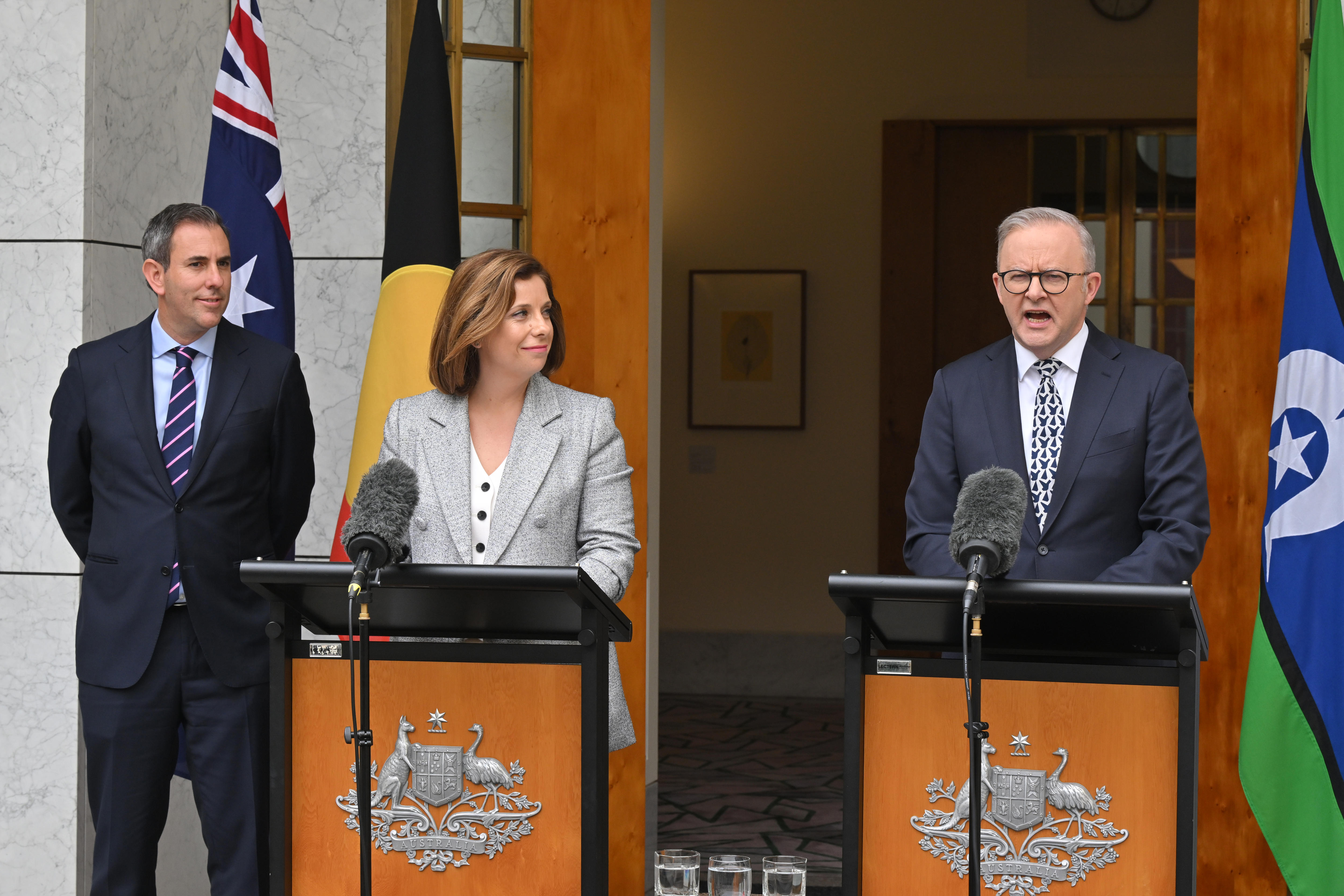 Treasurer Jim Chalmers, Minister for Aged Care Anika Wells and Prime Minister Anthony Albanese